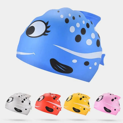 Gorro de baño de silicona impermeable para niños y niñas, nuevo, con dibujos de peces, cómodo, suave y sin cortes en la cabeza 