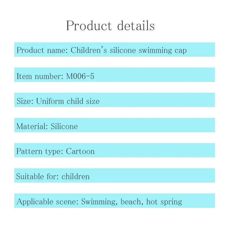 Nova touca de natação infantil de silicone à prova d'água com estampa de desenho animado e peixes para meninos e meninas, confortável, macia e sem cortes na cabeça 