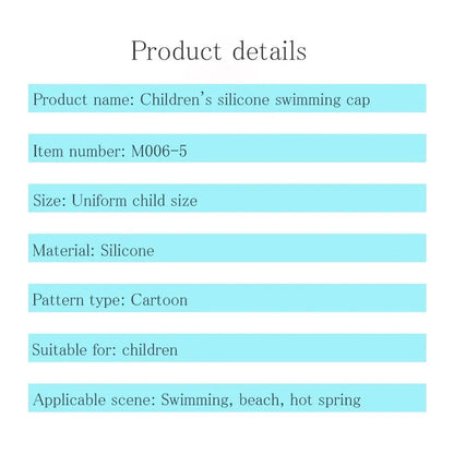 Nova touca de natação infantil de silicone à prova d'água com estampa de desenho animado e peixes para meninos e meninas, confortável, macia e sem cortes na cabeça 