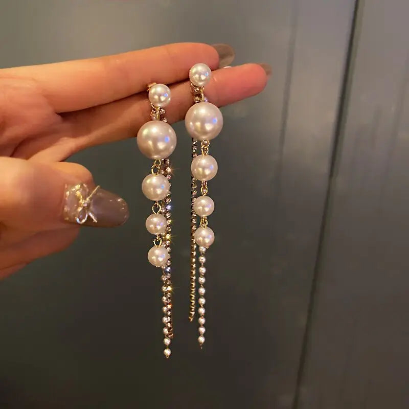 New Classic Elegant Imitation Pearl Dangle Earrings For Women Crystal Long Tassel Exquisite Drop Earring Wedding Jewelry Leedoar