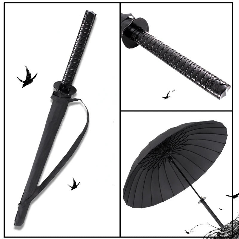 Paraguas japonés samurái creativo nuevo, automático, de mango largo, color negro, resistente a la lluvia, con forma de espada ninja y katana 