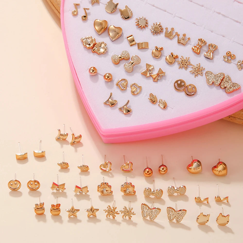 New Design Random 36 Pairs/Lot Lovely Mini Earing Cute Snowflakes Cat Butterfly Stud Earrings For Girl Fashion Daily Ear Jewelry Leedoar