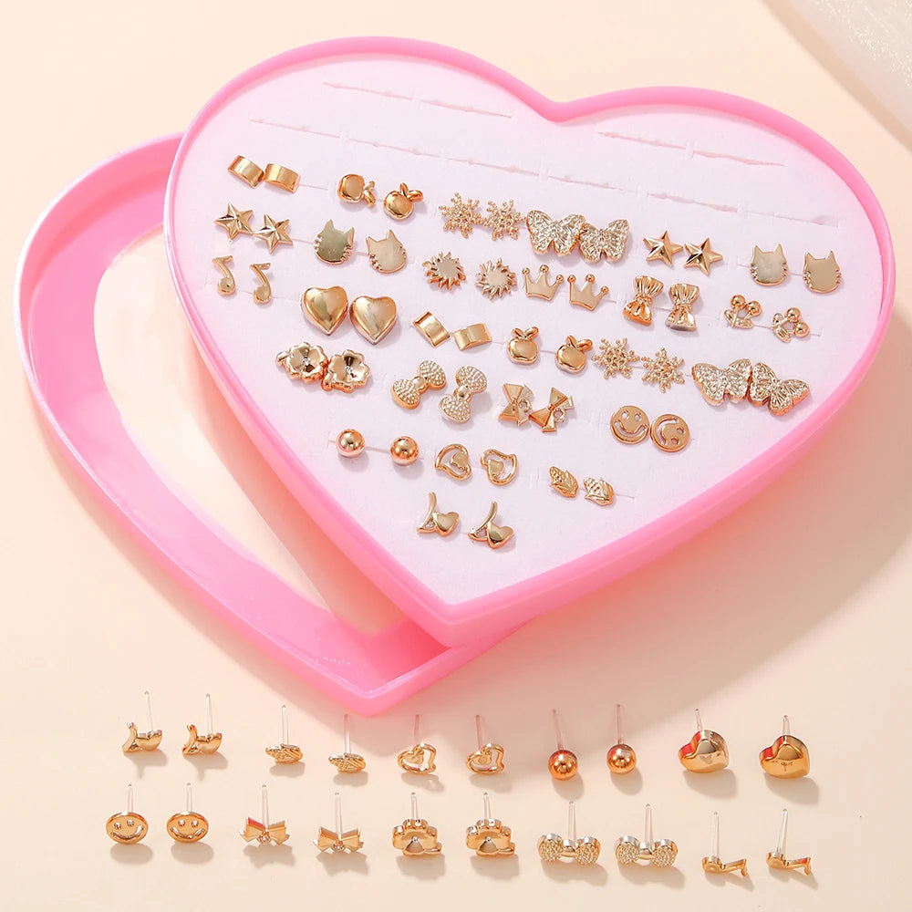 New Design Random 36 Pairs/Lot Lovely Mini Earing Cute Snowflakes Cat Butterfly Stud Earrings For Girl Fashion Daily Ear Jewelry Leedoar