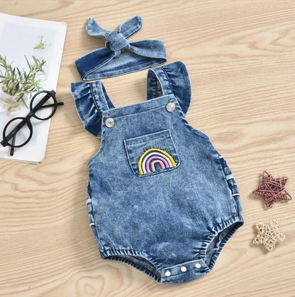 New Fashion Baby Girls Bodysuits Girls Summer Creative Rainbow Embroidery Fly Sleeve Lace Denim Romper Headwear Set Leedoar