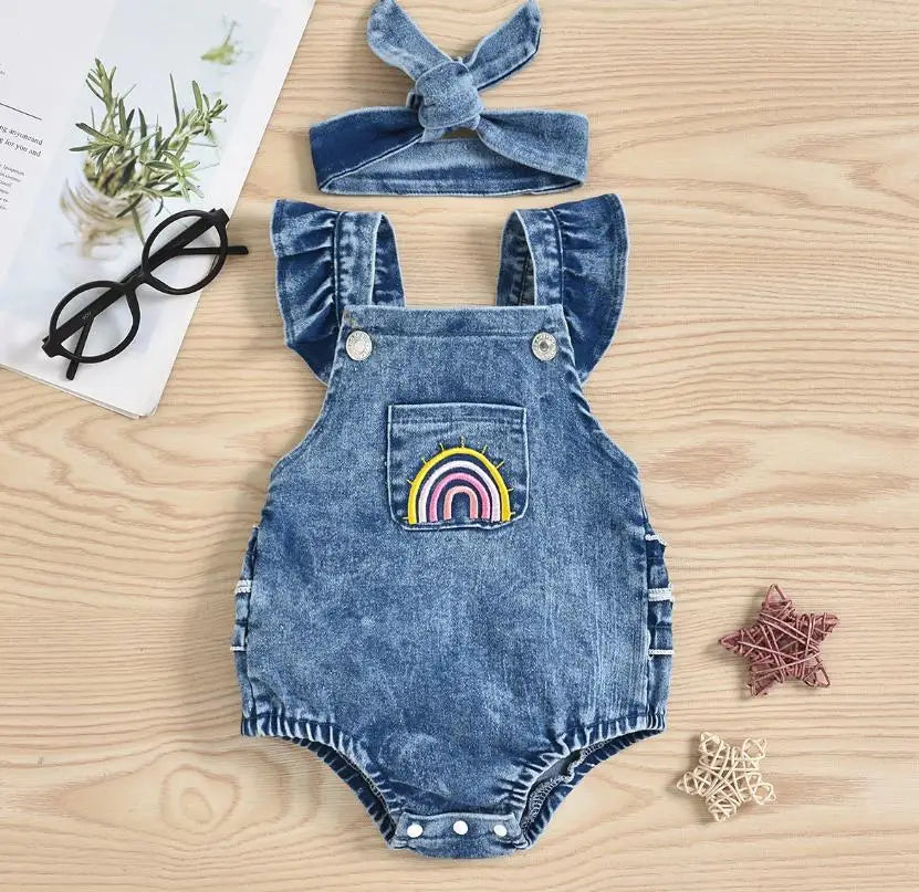 New Fashion Baby Girls Bodysuits Girls Summer Creative Rainbow Embroidery Fly Sleeve Lace Denim Romper Headwear Set Leedoar