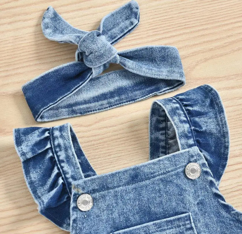 New Fashion Baby Girls Bodysuits Girls Summer Creative Rainbow Embroidery Fly Sleeve Lace Denim Romper Headwear Set Leedoar