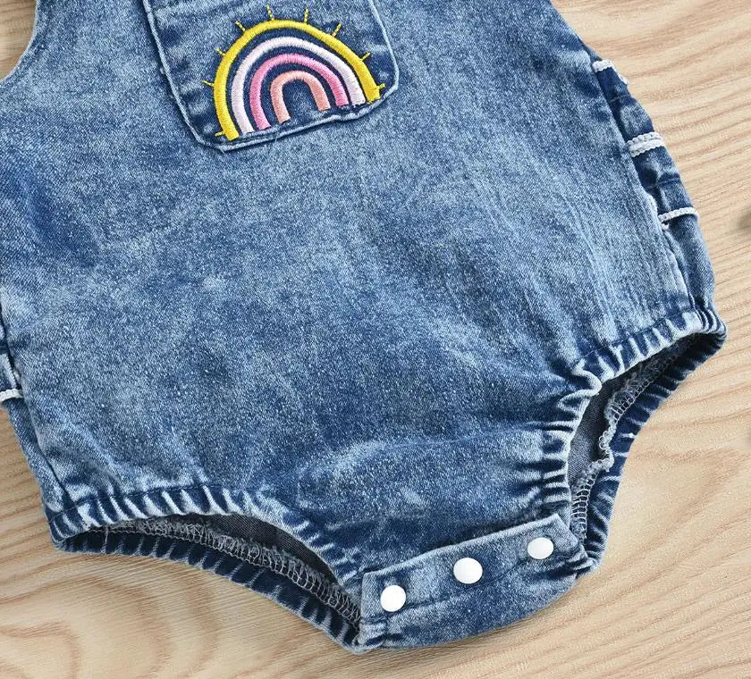 New Fashion Baby Girls Bodysuits Girls Summer Creative Rainbow Embroidery Fly Sleeve Lace Denim Romper Headwear Set Leedoar