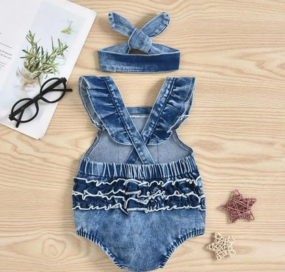 New Fashion Baby Girls Bodysuits Girls Summer Creative Rainbow Embroidery Fly Sleeve Lace Denim Romper Headwear Set Leedoar