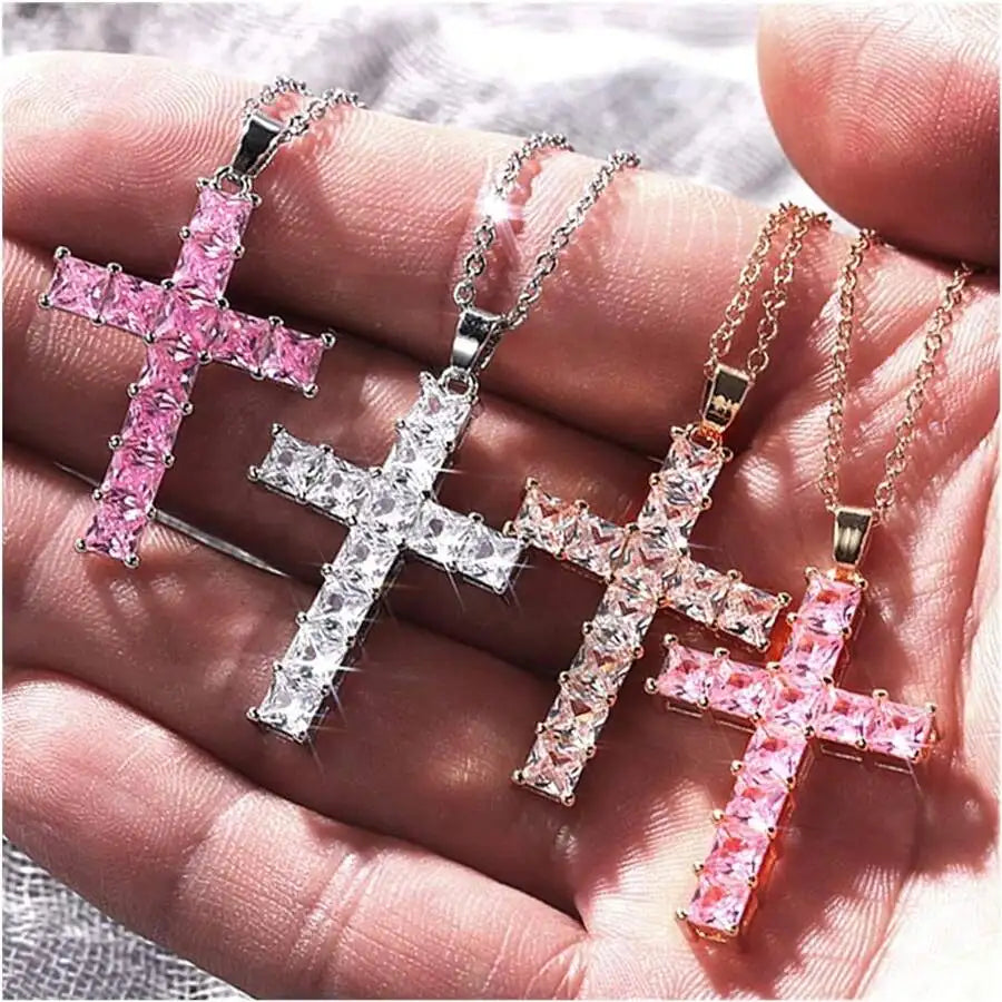 New Fashion Necklaces Female Pendants Gold Multi Color Crystal Jesus Cross Pendant For Women Necklace Party Leisure Time Jewelry Leedoar