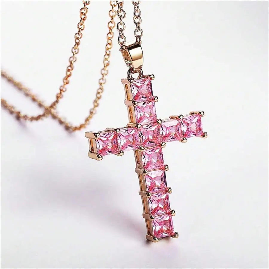 New Fashion Necklaces Female Pendants Gold Multi Color Crystal Jesus Cross Pendant For Women Necklace Party Leisure Time Jewelry Leedoar