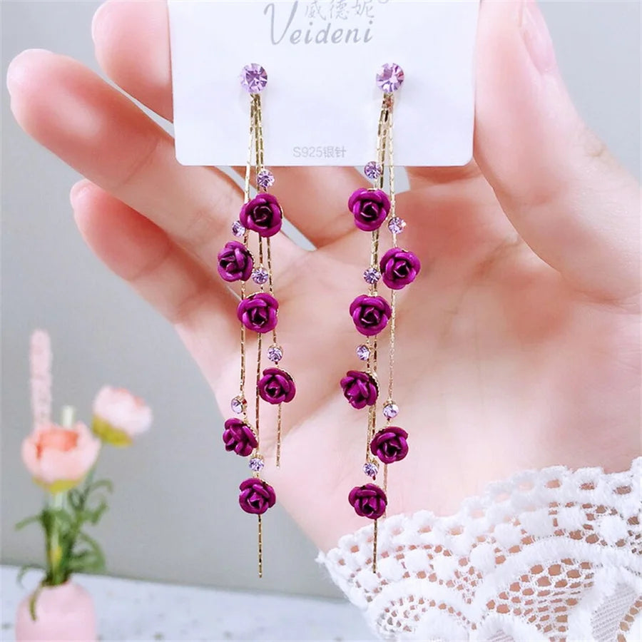 New Fashion Red Purple Rose Flower Dangle Earrings Delicate Rose Flowers Earrings For Women Weddings Engagement Party Jewelry Leedoar