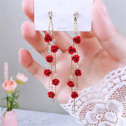 New Fashion Red Purple Rose Flower Dangle Earrings Delicate Rose Flowers Earrings For Women Weddings Engagement Party Jewelry Leedoar