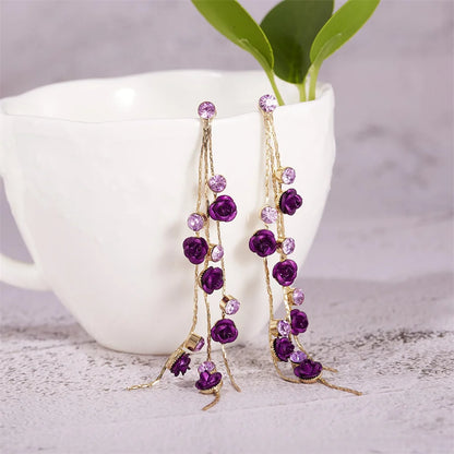 New Fashion Red Purple Rose Flower Dangle Earrings Delicate Rose Flowers Earrings For Women Weddings Engagement Party Jewelry Leedoar