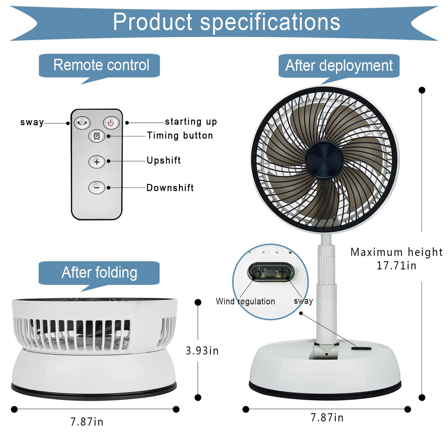 New Gale Telescopic Folding Fan Shaking Time Outdoor Remote Control Fan Floor Fan Rechargeable Portable 7-inch USB Folding Fan Leedoar