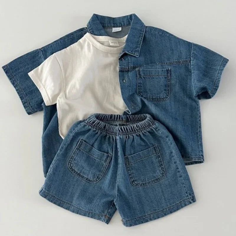 New Korean Version of Short Sleeved Denim Shirt + Shorts Set for Boys and Girls Summer Fashionable Two-piece Set Leedoar