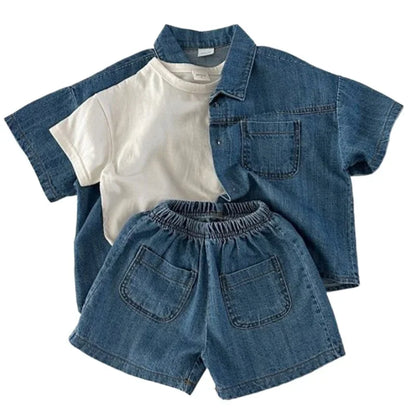 New Korean Version of Short Sleeved Denim Shirt + Shorts Set for Boys and Girls Summer Fashionable Two-piece Set Leedoar