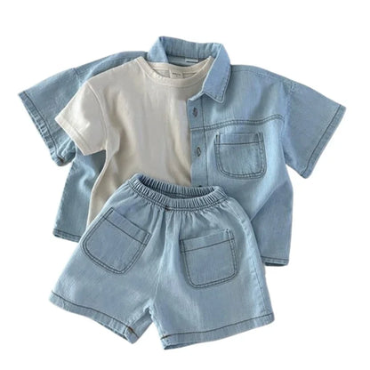 New Korean Version of Short Sleeved Denim Shirt + Shorts Set for Boys and Girls Summer Fashionable Two-piece Set Leedoar