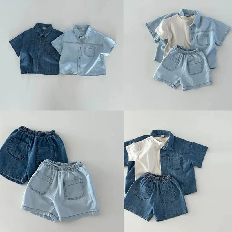 New Korean Version of Short Sleeved Denim Shirt + Shorts Set for Boys and Girls Summer Fashionable Two-piece Set Leedoar