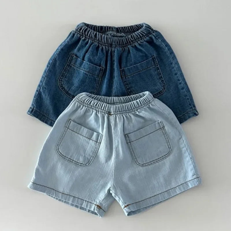 New Korean Version of Short Sleeved Denim Shirt + Shorts Set for Boys and Girls Summer Fashionable Two-piece Set Leedoar