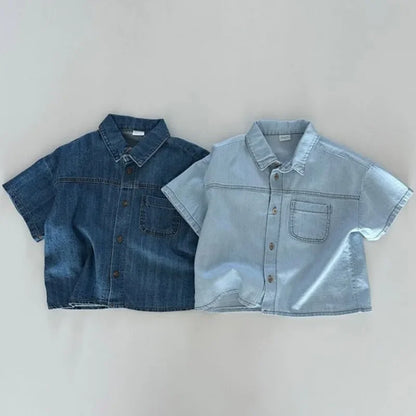 New Korean Version of Short Sleeved Denim Shirt + Shorts Set for Boys and Girls Summer Fashionable Two-piece Set Leedoar