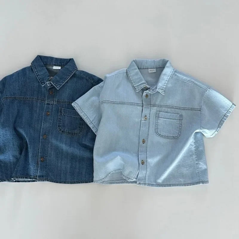 New Korean Version of Short Sleeved Denim Shirt + Shorts Set for Boys and Girls Summer Fashionable Two-piece Set Leedoar