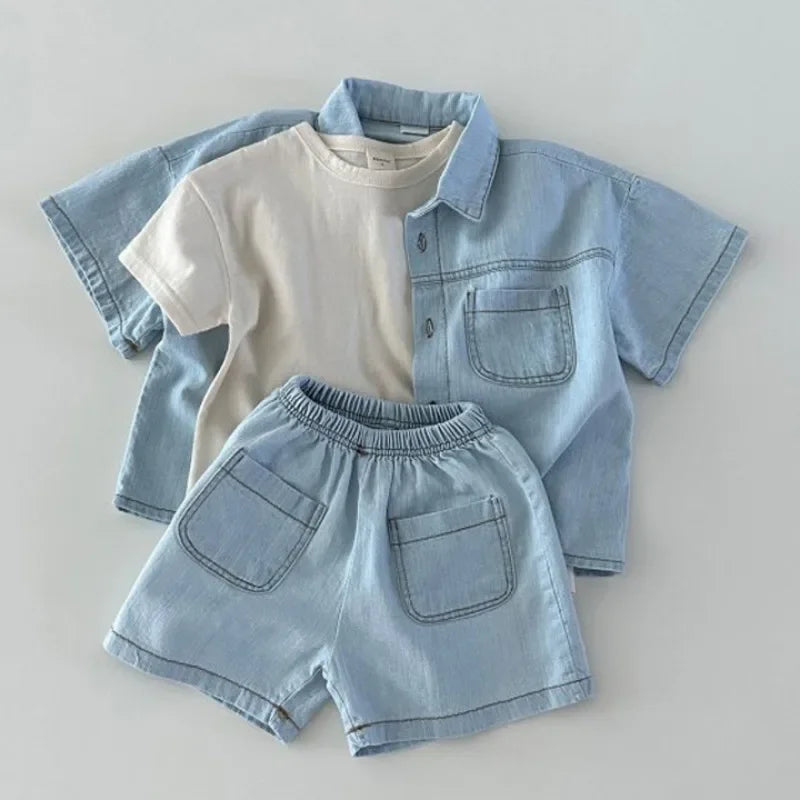 New Korean Version of Short Sleeved Denim Shirt + Shorts Set for Boys and Girls Summer Fashionable Two-piece Set Leedoar