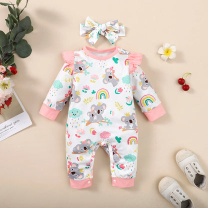 New Long Sleeve Rompers Baby Girls Cute Koala Pattern Jumpsuit Newborn Baby Bodysuit Clothes with Headband Baby Girl Romper Leedoar