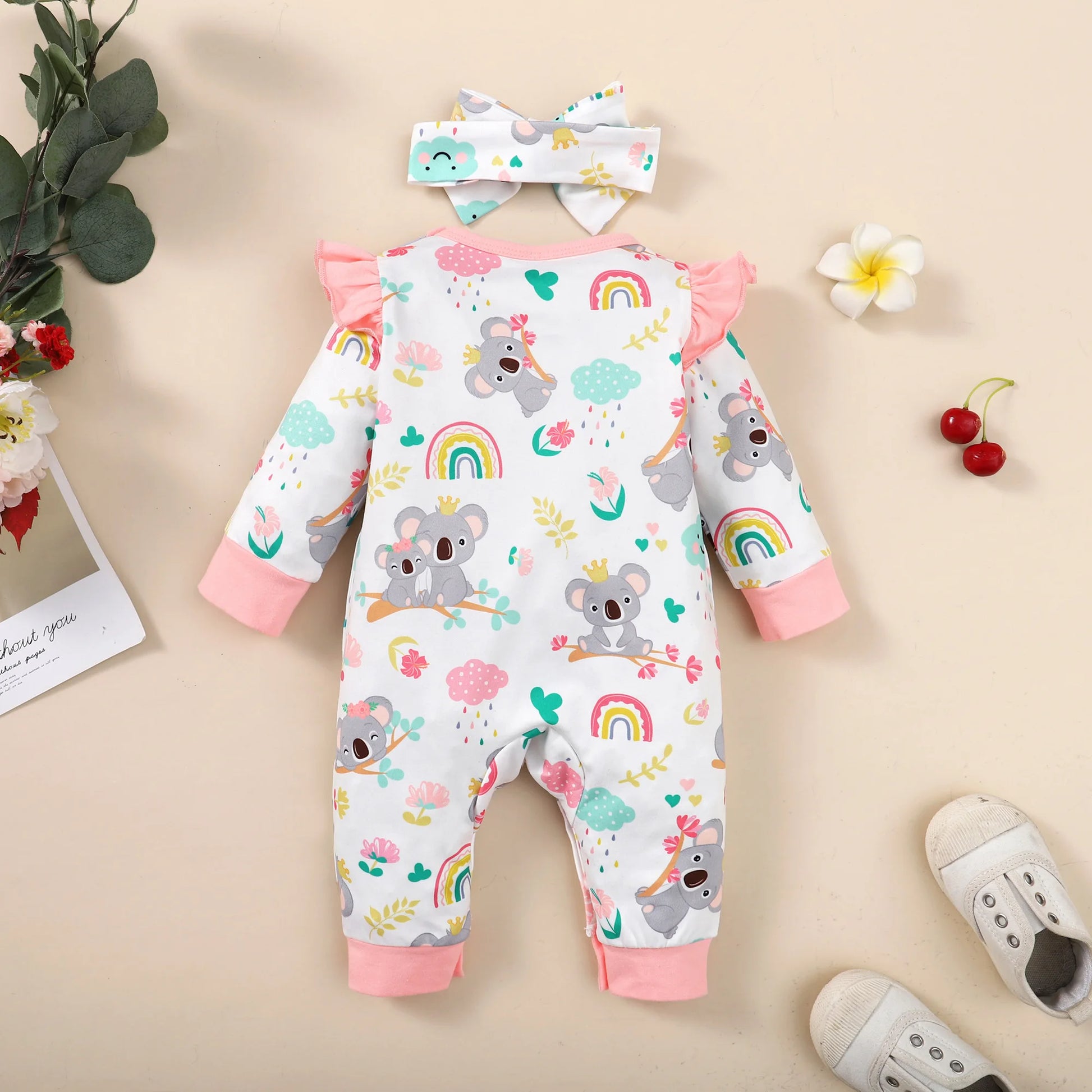 New Long Sleeve Rompers Baby Girls Cute Koala Pattern Jumpsuit Newborn Baby Bodysuit Clothes with Headband Baby Girl Romper Leedoar