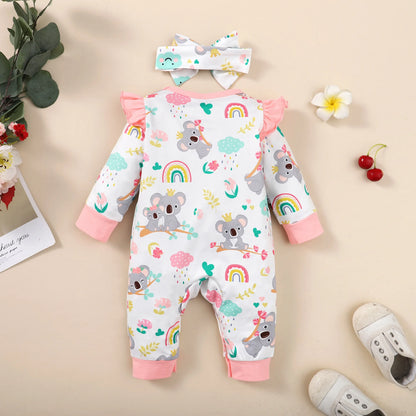 New Long Sleeve Rompers Baby Girls Cute Koala Pattern Jumpsuit Newborn Baby Bodysuit Clothes with Headband Baby Girl Romper Leedoar