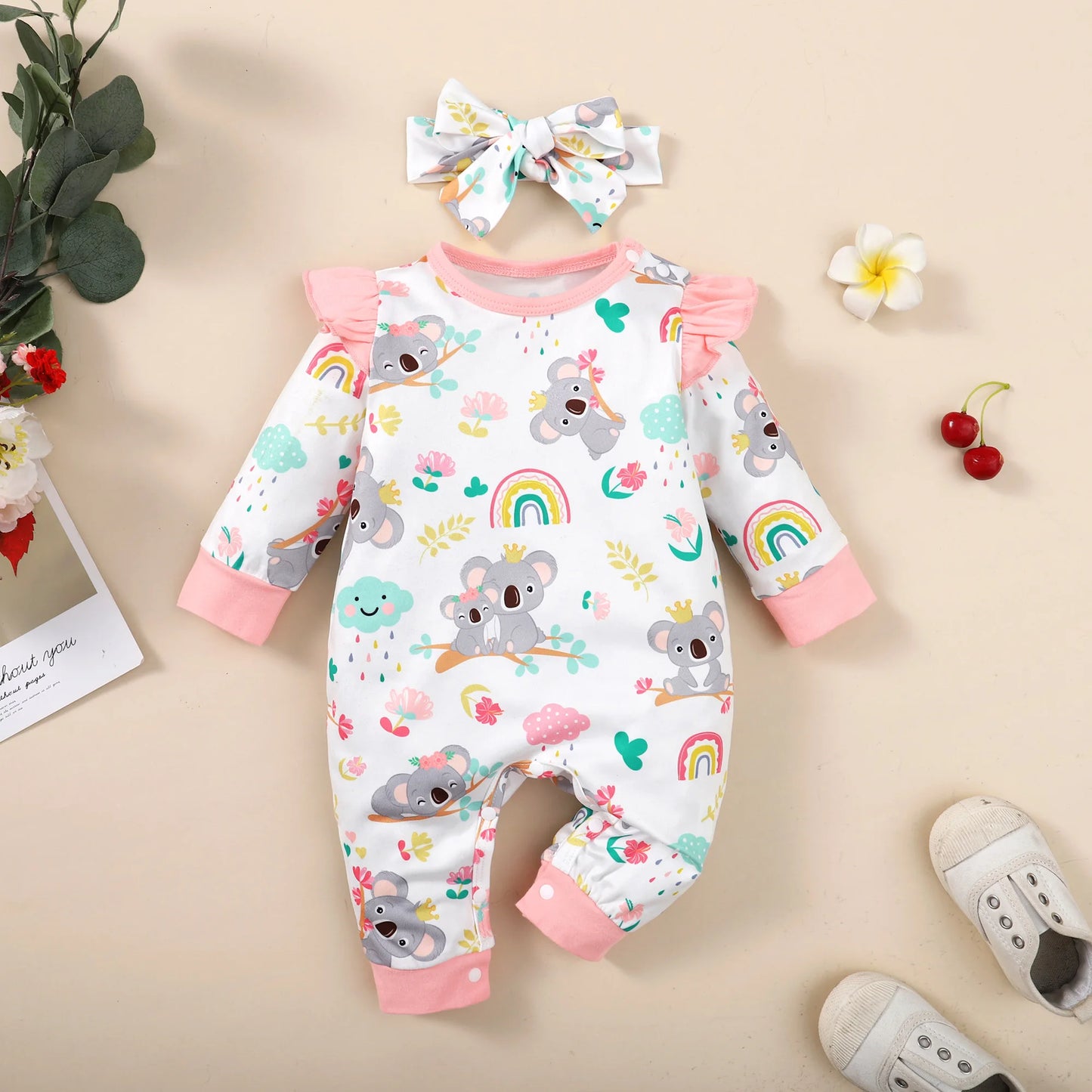 New Long Sleeve Rompers Baby Girls Cute Koala Pattern Jumpsuit Newborn Baby Bodysuit Clothes with Headband Baby Girl Romper Leedoar