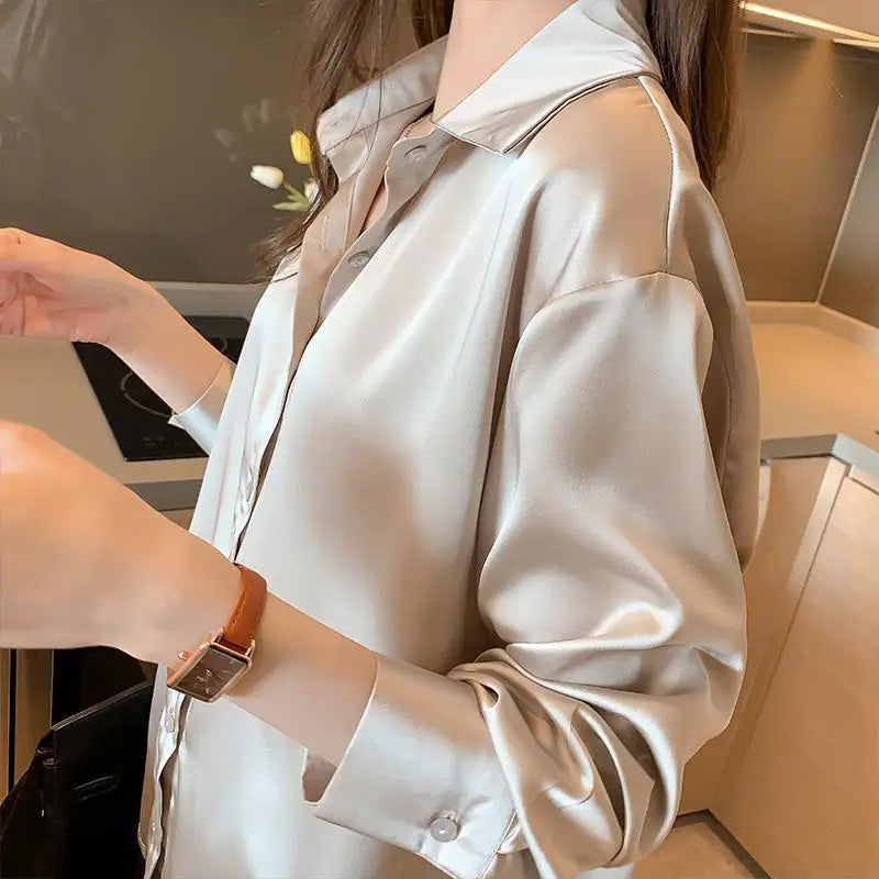 New Long-Sleeved Satin Shirt Femininity Advanced Sense Light Luxury 2024 Spring/Summer Sun Breathable Slim Retro Ins Tops Leedoar