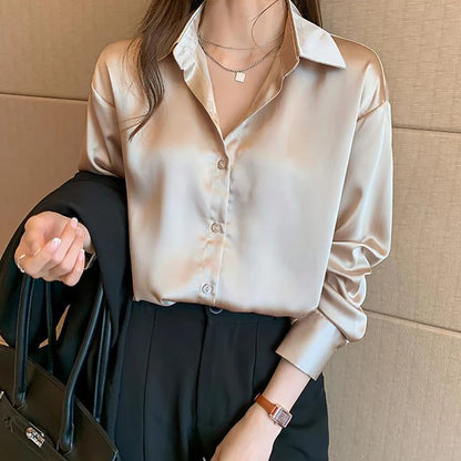 New Long-Sleeved Satin Shirt Femininity Advanced Sense Light Luxury 2024 Spring/Summer Sun Breathable Slim Retro Ins Tops Leedoar