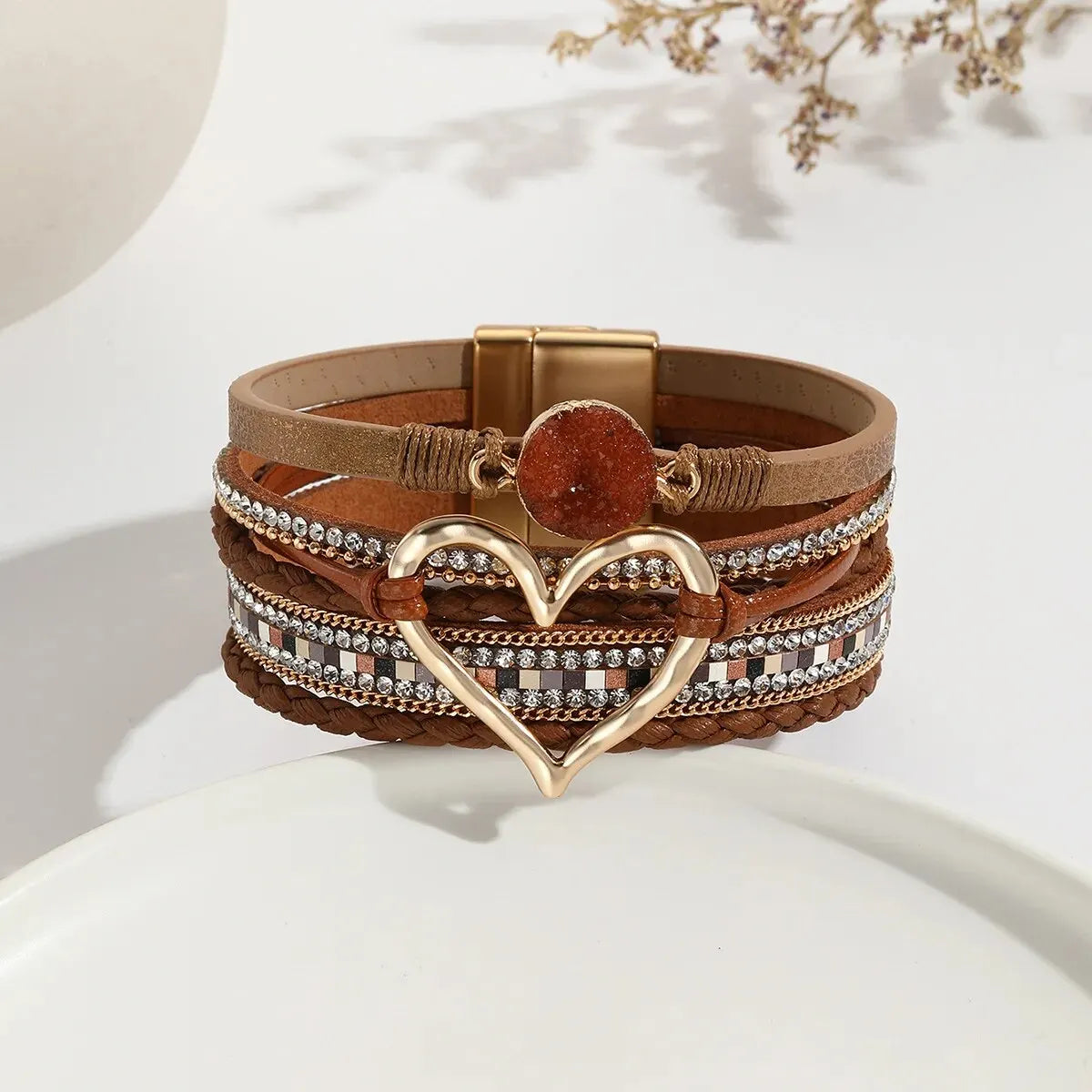 New Metal Love Heart Charm Leather Bracelets for Women Fashion Bohemian Rhinestone Resin Wrap Bracelet Bangle Couple Jewelry Leedoar