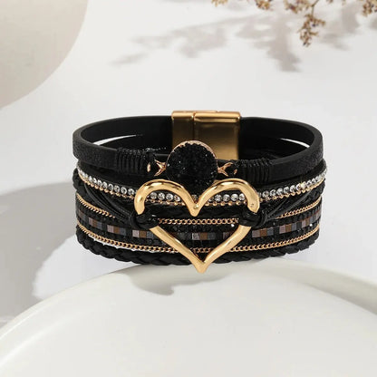 New Metal Love Heart Charm Leather Bracelets for Women Fashion Bohemian Rhinestone Resin Wrap Bracelet Bangle Couple Jewelry Leedoar