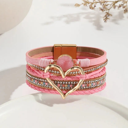 New Metal Love Heart Charm Leather Bracelets for Women Fashion Bohemian Rhinestone Resin Wrap Bracelet Bangle Couple Jewelry Leedoar