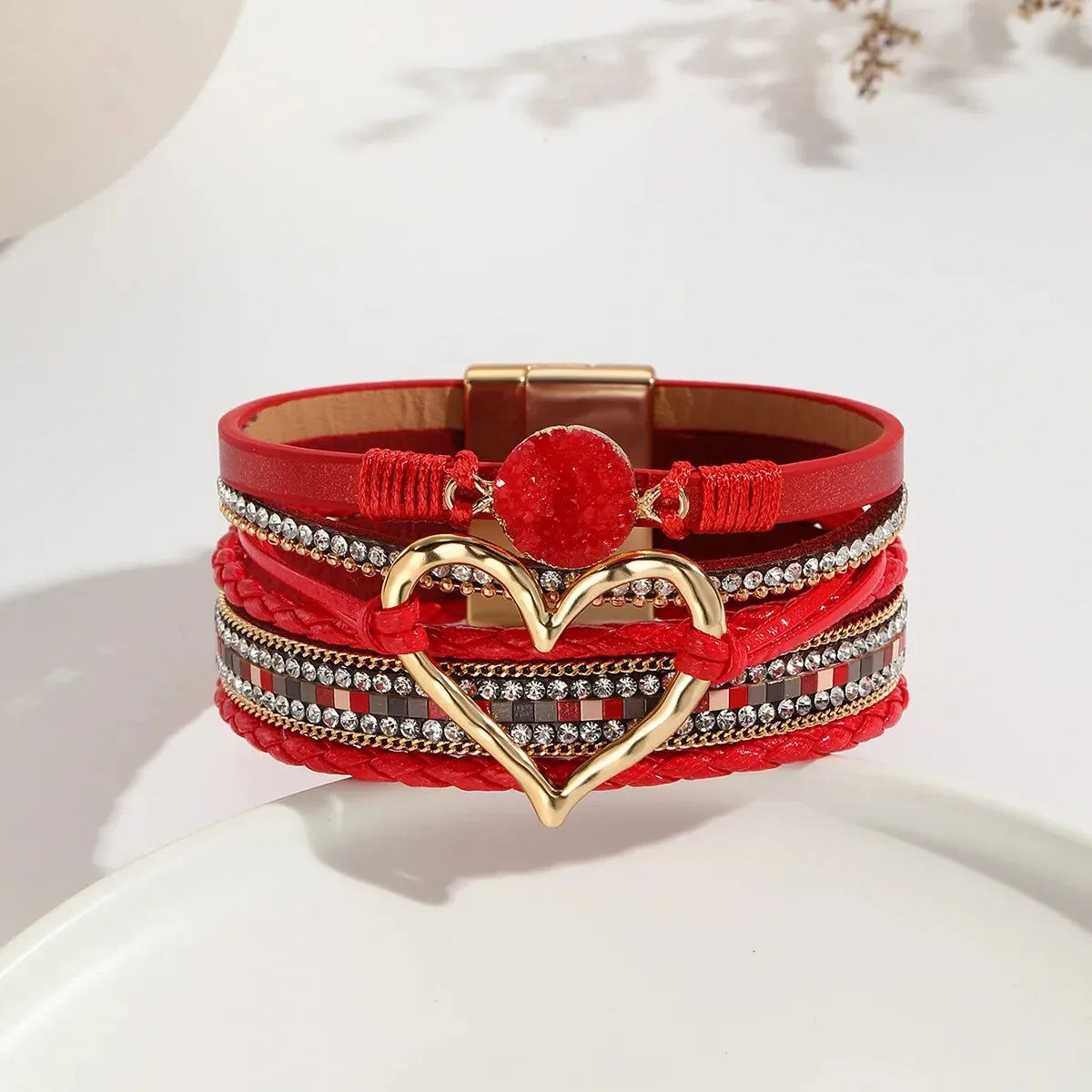 New Metal Love Heart Charm Leather Bracelets for Women Fashion Bohemian Rhinestone Resin Wrap Bracelet Bangle Couple Jewelry Leedoar