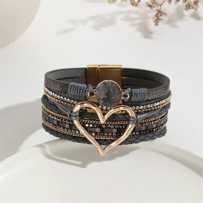 New Metal Love Heart Charm Leather Bracelets for Women Fashion Bohemian Rhinestone Resin Wrap Bracelet Bangle Couple Jewelry Leedoar