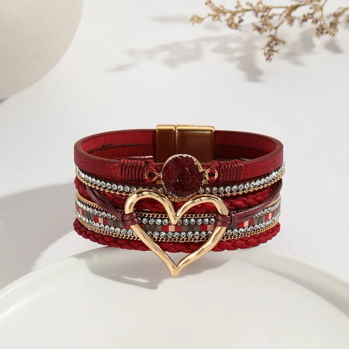 New Metal Love Heart Charm Leather Bracelets for Women Fashion Bohemian Rhinestone Resin Wrap Bracelet Bangle Couple Jewelry Leedoar