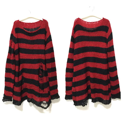 New Punk Gothic Long Unisex Sweater Summer Women Striped Cool Hollow Out Hole Broken Jumper Loose Rock Thin Dark Streetwear Top Leedoar