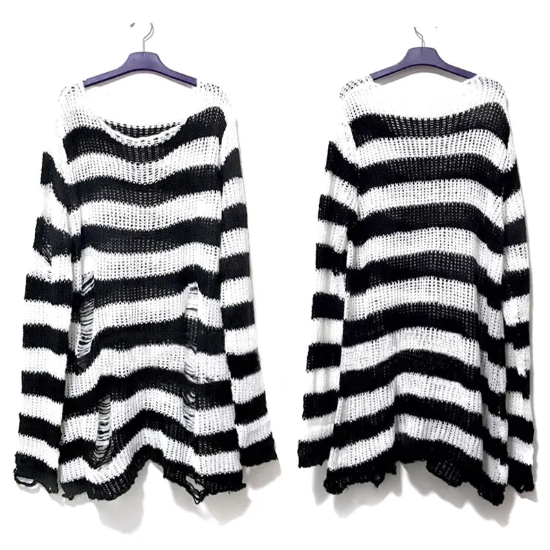 New Punk Gothic Long Unisex Sweater Summer Women Striped Cool Hollow Out Hole Broken Jumper Loose Rock Thin Dark Streetwear Top Leedoar