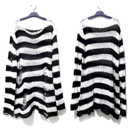 New Punk Gothic Long Unisex Sweater Summer Women Striped Cool Hollow Out Hole Broken Jumper Loose Rock Thin Dark Streetwear Top Leedoar