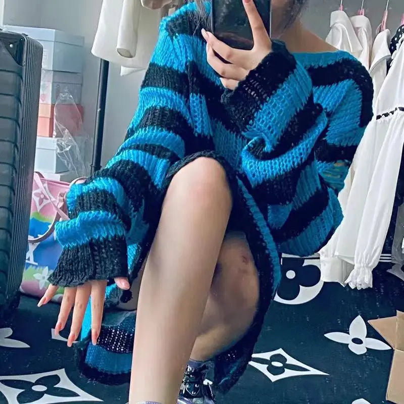 New Punk Gothic Long Unisex Sweater Summer Women Striped Cool Hollow Out Hole Broken Jumper Loose Rock Thin Dark Streetwear Top Leedoar