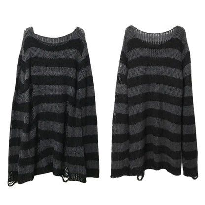 New Punk Gothic Long Unisex Sweater Summer Women Striped Cool Hollow Out Hole Broken Jumper Loose Rock Thin Dark Streetwear Top Leedoar