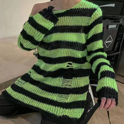 New Punk Gothic Long Unisex Sweater Summer Women Striped Cool Hollow Out Hole Broken Jumper Loose Rock Thin Dark Streetwear Top Leedoar