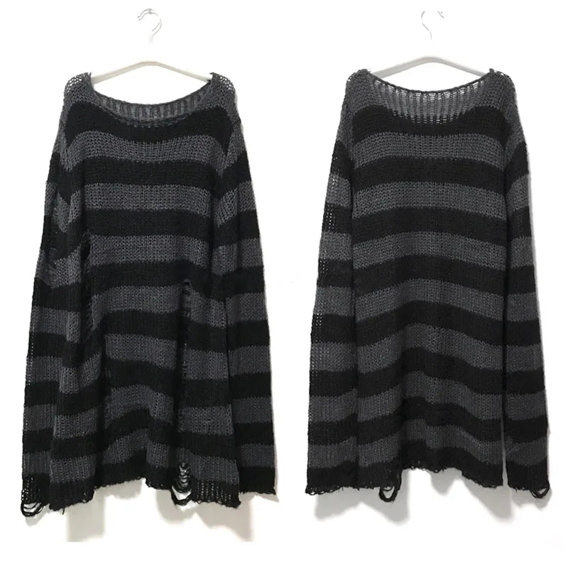 New Punk Gothic Long Unisex Sweater Summer Women Striped Cool Hollow Out Hole Broken Jumper Loose Rock Thin Dark Streetwear Top Leedoar