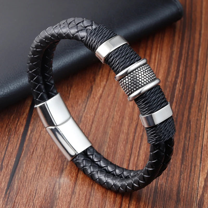 New Style Hand-woven Multi-layer Combination Accessory Stainless Steel Men's Leather Bracelet Classic Gift Big Sale