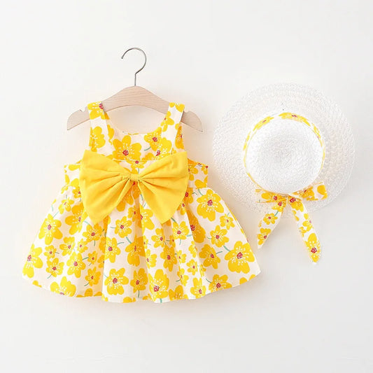 New Summer Girl Dress Sweet Sleeveless Small Flower Print Big Bow Cotton Cloth Dress Set of 2 Suitable for 0-3 Years Old Leedoar