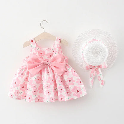 New Summer Girl Dress Sweet Sleeveless Small Flower Print Big Bow Cotton Cloth Dress Set of 2 Suitable for 0-3 Years Old Leedoar