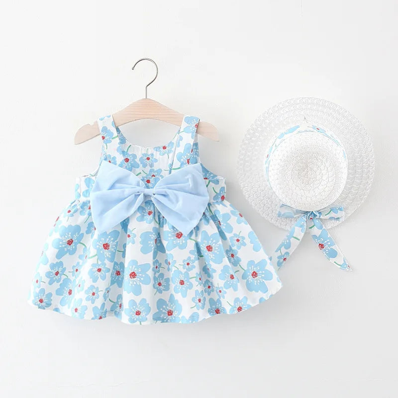 New Summer Girl Dress Sweet Sleeveless Small Flower Print Big Bow Cotton Cloth Dress Set of 2 Suitable for 0-3 Years Old Leedoar