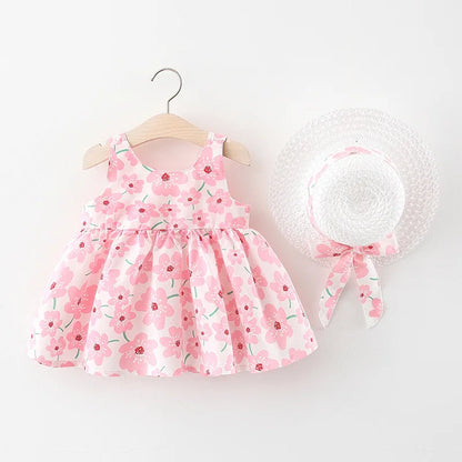 New Summer Girl Dress Sweet Sleeveless Small Flower Print Big Bow Cotton Cloth Dress Set of 2 Suitable for 0-3 Years Old Leedoar